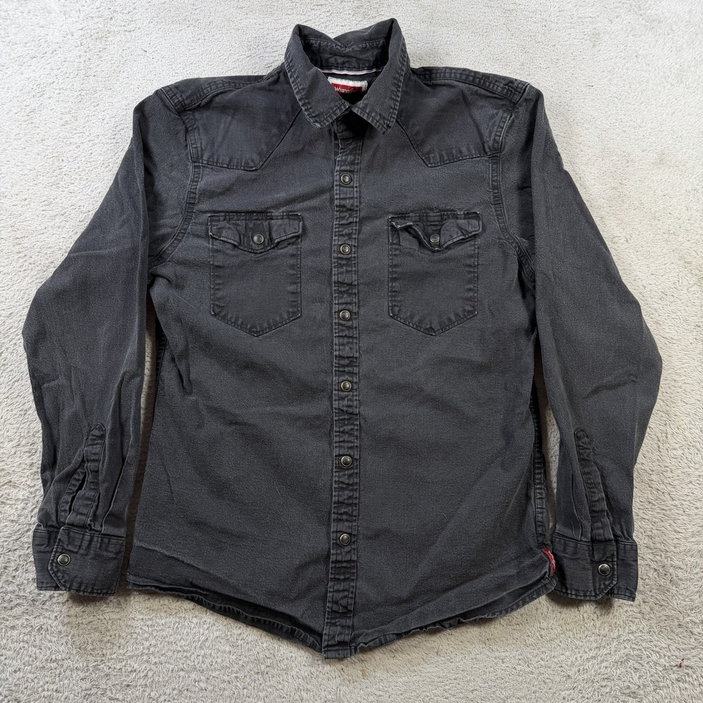 Wrangler Shirt Mens Medium (Fits Small) Black Denim Pearl Snap Western Cowboy